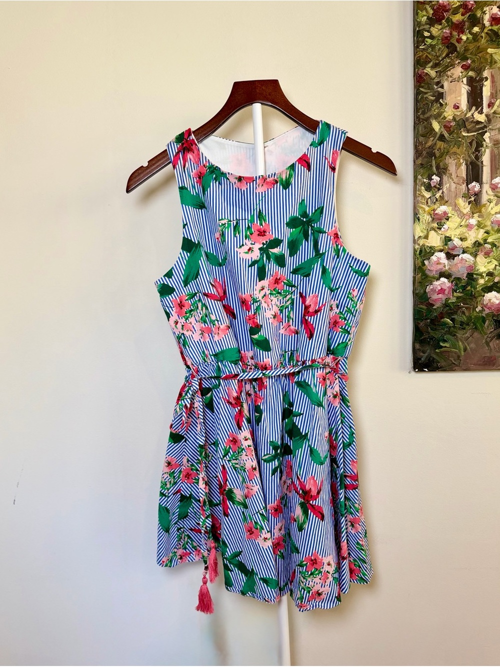 Bailey Blue Girls Floral Stripe Dress Pink Blue Sleeveless Tassel Large